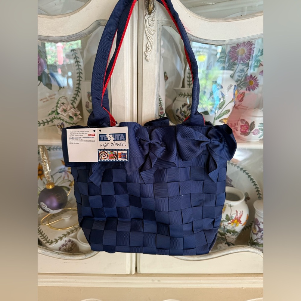 NWT Tessuta Blue Grosgrain Checkerboard Ribbon Tote